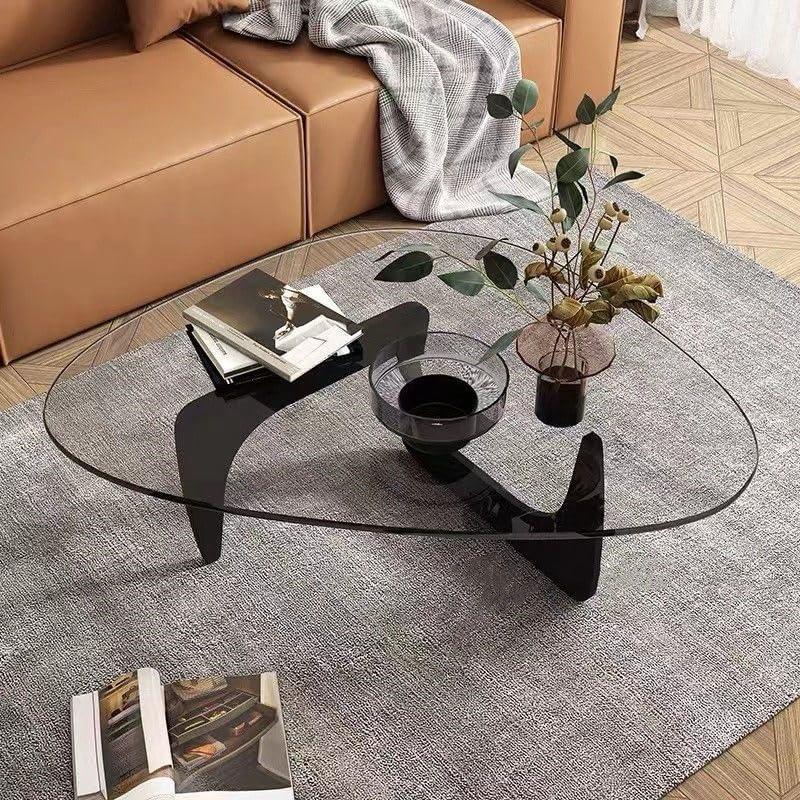 Triangle Coffee Table with Wooden Base Clear Glass Top Mid-Century Glass Table Abstract End Table for Living Room Home Office Triangle Coffee Table (Black/Transparent, Small 32.2 * 22.4 * 16in)