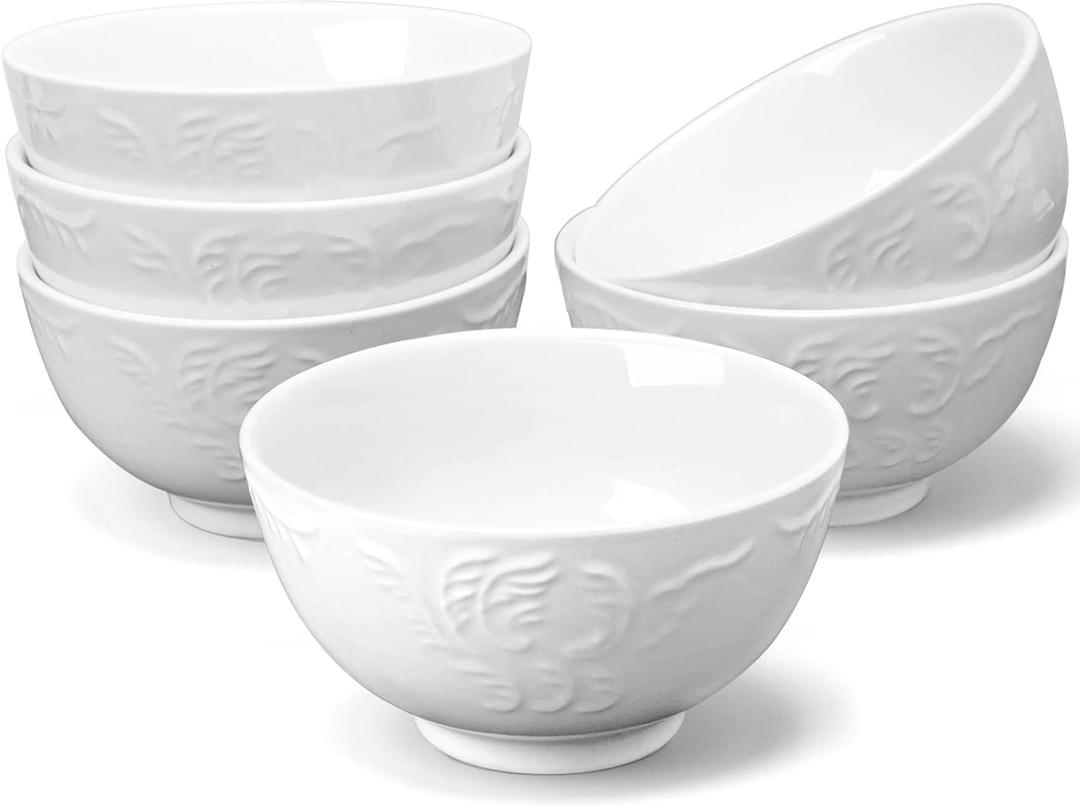 6-Pack 24 Ounce Cereal Bowls with Embossed Texture, Porcelain Deep Ceramic Bowls, Dishwasher & Microwave Safe