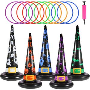 Halloween Ring Toss Game Set, 5Pcs Inflatable Witch Hats with 10Pcs Colorful Plastic Rings and Air Pump for Halloween Party Games Super Fun Indoor Outdoor Party Supplies