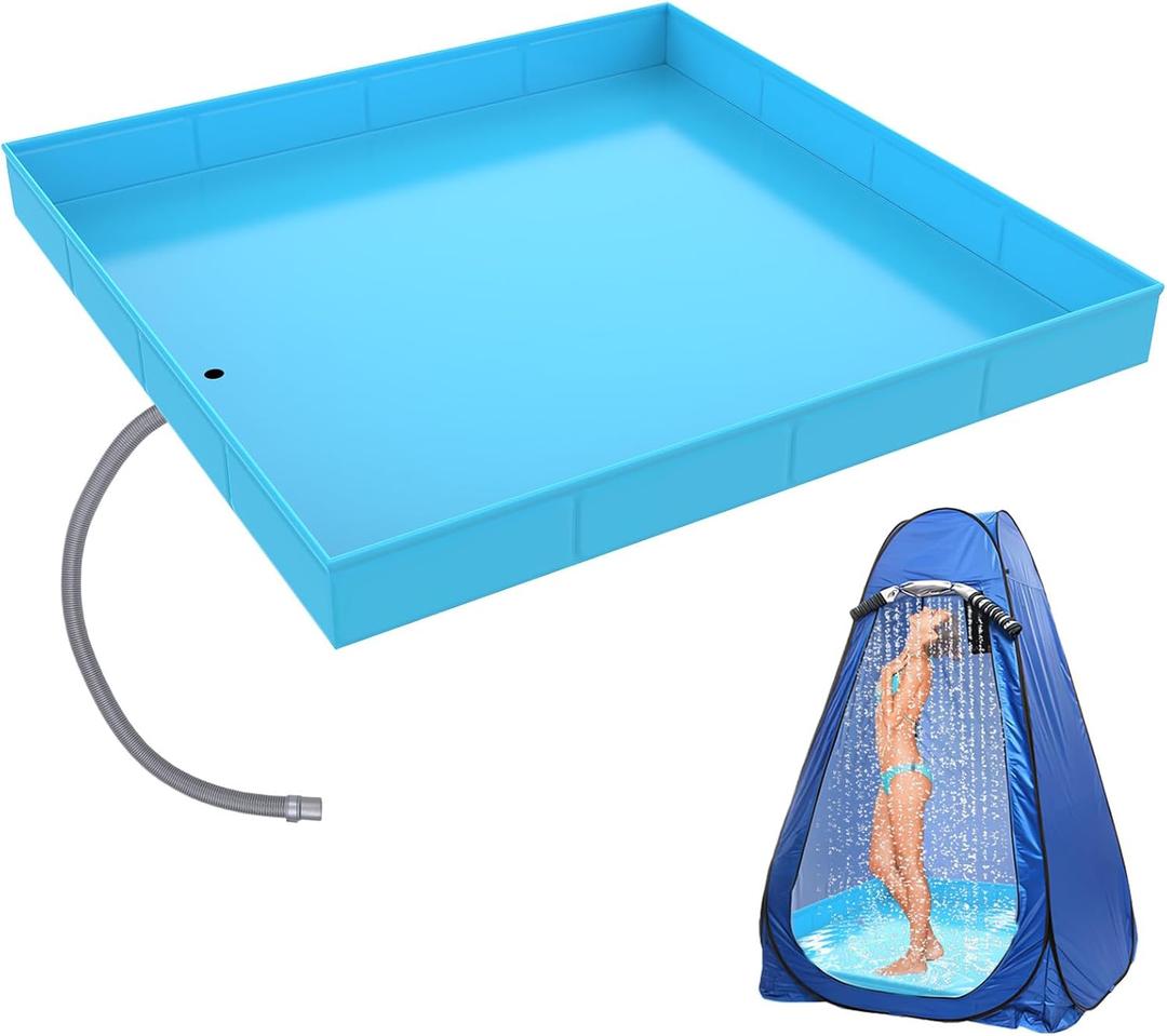Portable Shower Pan, Foldable Camping Shower Base with Detachable Drain Pipe, 40" x 40" x 4" Outdoor Shower Floor for Beach, RV, Indoor Shower Stall