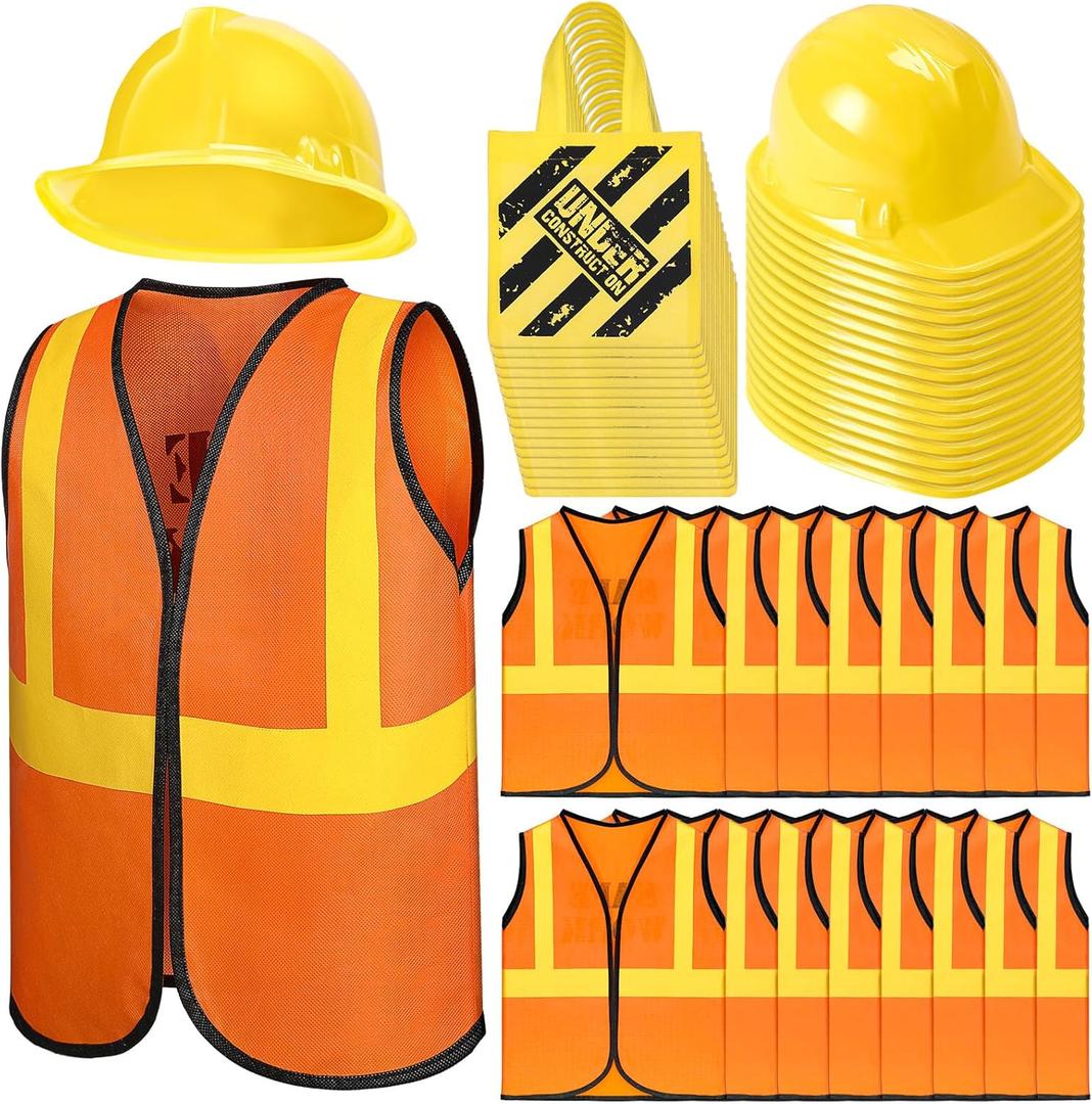 Geyoga 48 Pieces Construction Party Supplies Kids Costume, Including Vest Construction Hat Tote Bag for Birthday Party Favor(Orange, Yellow)