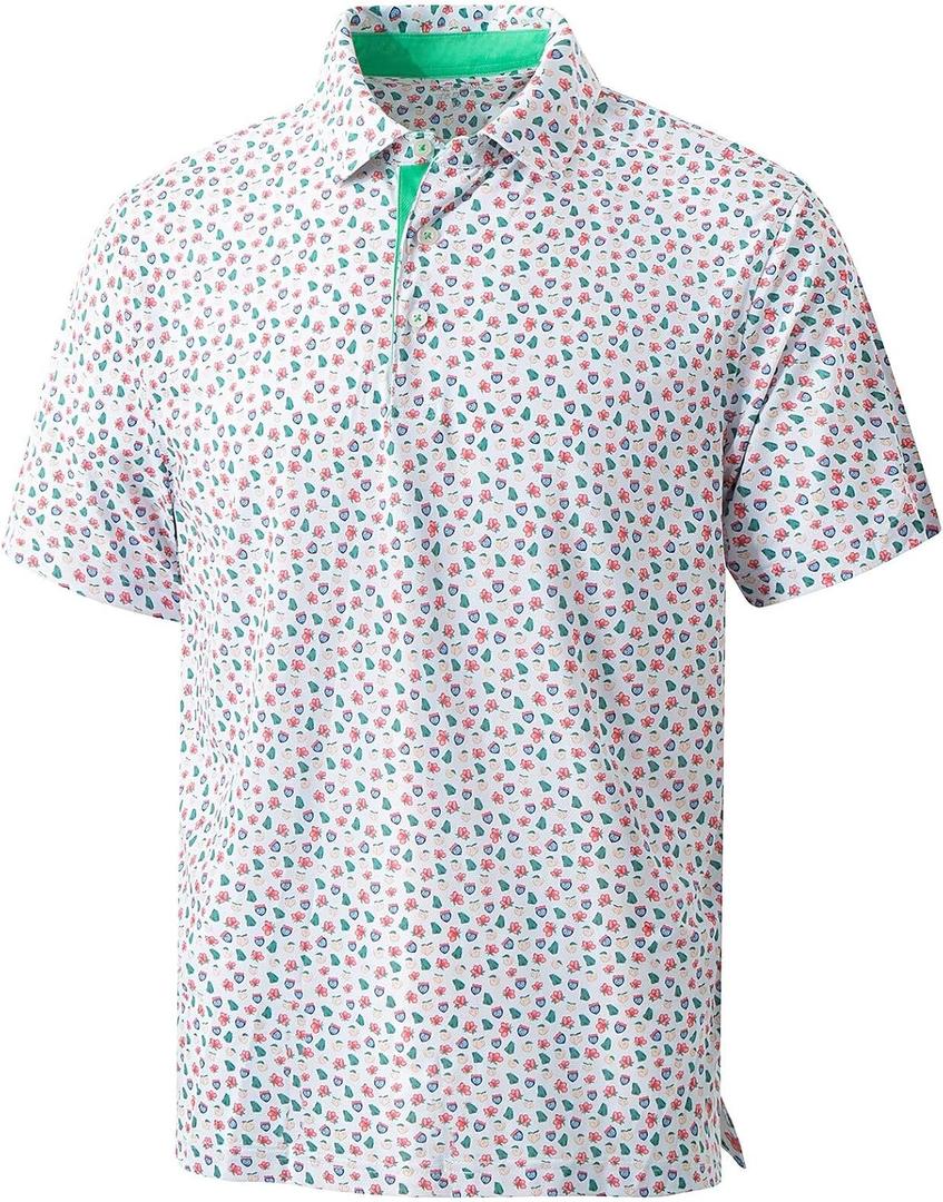 Mens Golf Shirts Quick Dry Moisture Wicking Mesh Print Casual Short Sleeve Performance Athletic Stylish Men Polo Shirt (XL)
