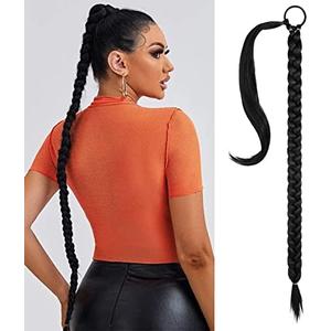 SEIKEA Long DIY Braided Ponytail Extension with Hair Tie Straight Wrap Around Hair Extensions Ponytail Natural Soft Synthetic Hair Piece Daily Wear Black 38 Inch (After Braided 34 Inch