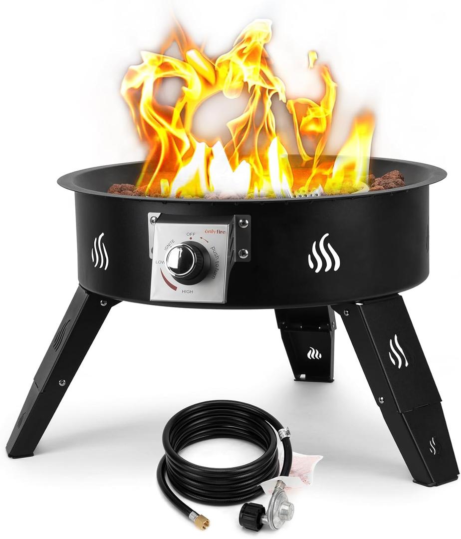 Onlyfire Outdoor Propane Fire Pit 19", Height Adjustable Gas Fire Bowl with Lava Rocks -Portable Gas Fireplace Smokeless Firepit for Outside Camping Bonfire Patio Backyard, 12FT Hose