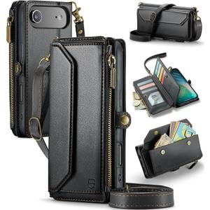 Wallet Case Compatible with iPhone Air 6.5" RFID Blocking 10-Card Holder Soft PU Leather Magnetic Snap Shoulder Strap Zipper Pocket Phone Case Fit for iPhone 17 Air for Women - Black