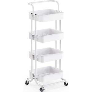 Pipishell 4 Tier Mesh Utility Cart, Rolling Metal Organization Cart with Handle and Lockable Wheels, Multifunctional Storage Shelves for Kitchen Living Room Office White, PIUC12W