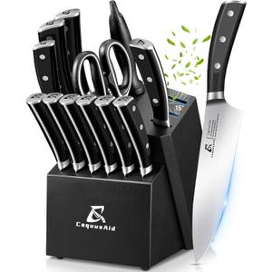 Knife Set, Kitchen Knife Block Sets with Sharpener, 6 Steak Knife Set Serrated with Block, 15 PCS Forged German Stainless Steel Rust Proof Knives, Dishwasher Safe Black, New Beveled Design