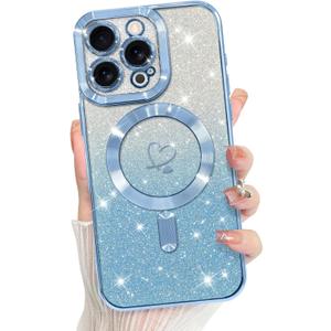 Bonoma Compatible with iPhone 16 Pro Max Case Support for MagSafe, Plating Heart Glitter Magnetic 2* Screen Protector TPU Camera Protection Back Cover for Girls Women -Blue