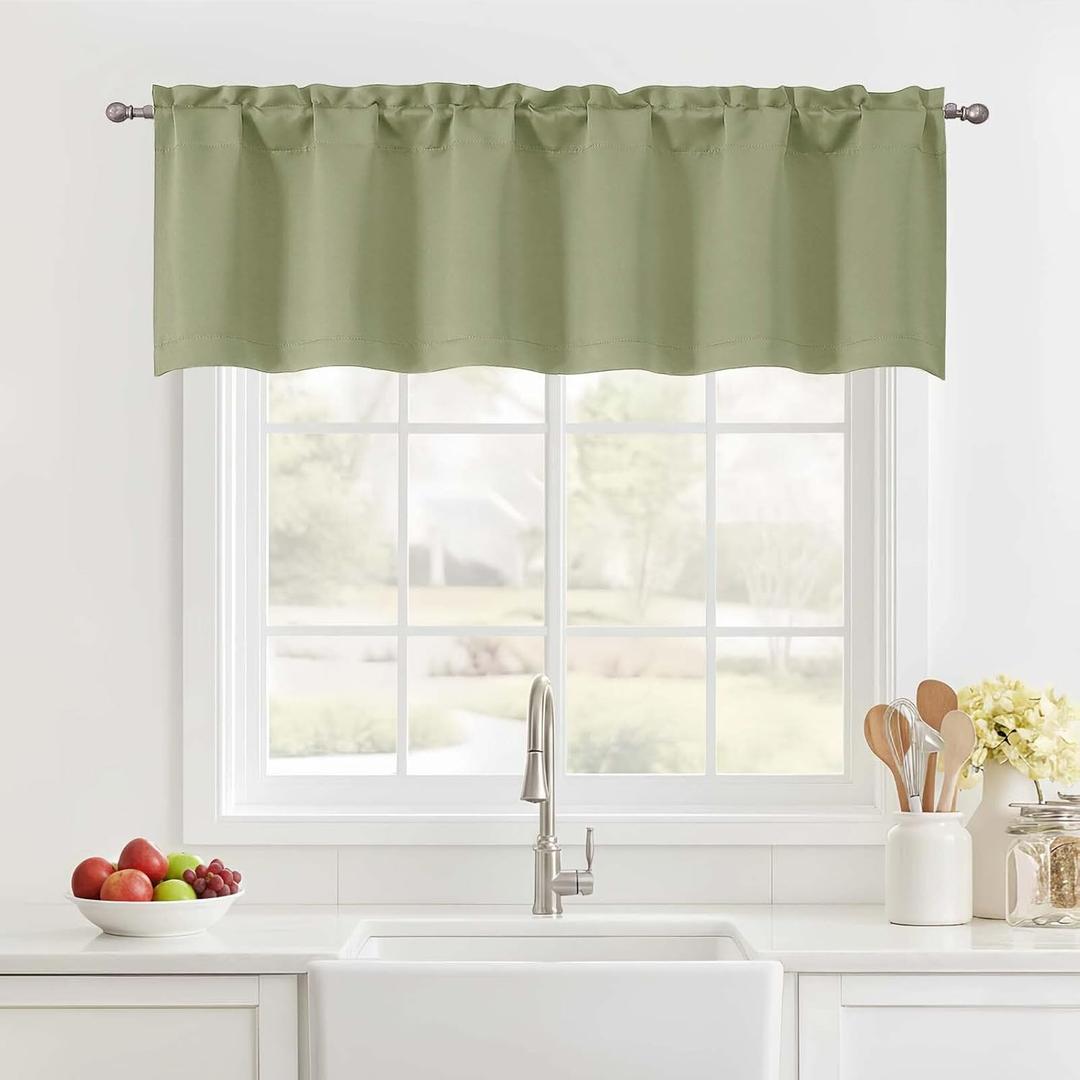 Sage Green Valance for Windows, Small Blackout Kitchen Valance Curtain, Dual Rod Pocket Thermal Insulated Short Window Curtain for Bathroom Basement, 60Wx14L Inch, 1 Piece