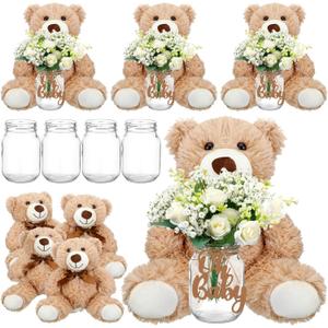 Sliner 33 Pcs Bear Centerpieces for Baby Shower Decorations Baby Shower Table Centerpieces with Bears Mason Jars Roses Bouquet Tags Burlap Rope for Gender Reveal Birthday Party Decoration(White)
