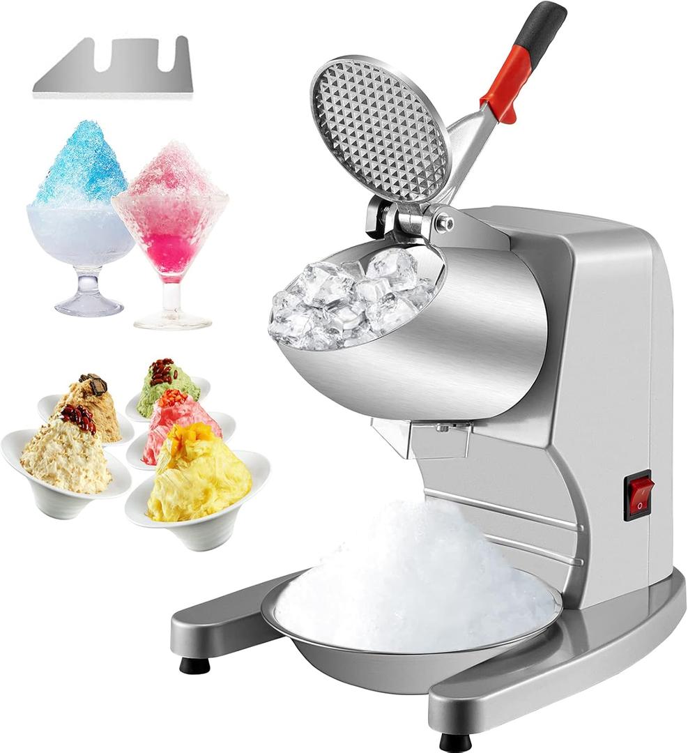 VEVOR 110V Electric Ice Shaver Crusher,300W 1450 RPM Snow Cone Maker Machine with Dual Stainless Steel Blades 210LB/H, Shaved Ice Machine with Ice Plate & Additional Blade for Home and Commercial Use (Silver)