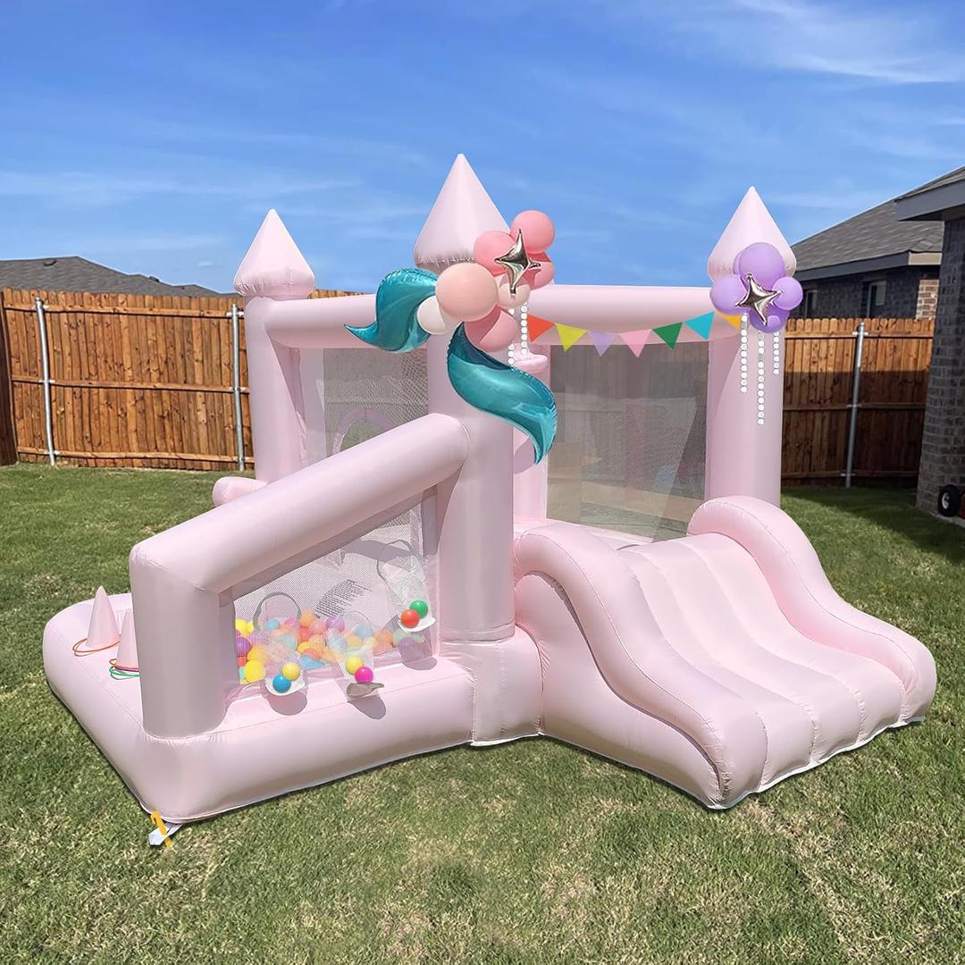 Inflatable Bounce House with Ball Pit Pink Inflatable Indoor Bounce House,Jumping Bouncy House with Blower for Birthday Party Backyard Party Gifts
