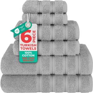 American Soft Linen Luxury 6 Piece Towel Set, 2 Bath Towels 2 Hand Towel 2 Washcloths, 600 GSM 100% Cotton Turkish Towels for Bathroom, Light Grey Towel Sets