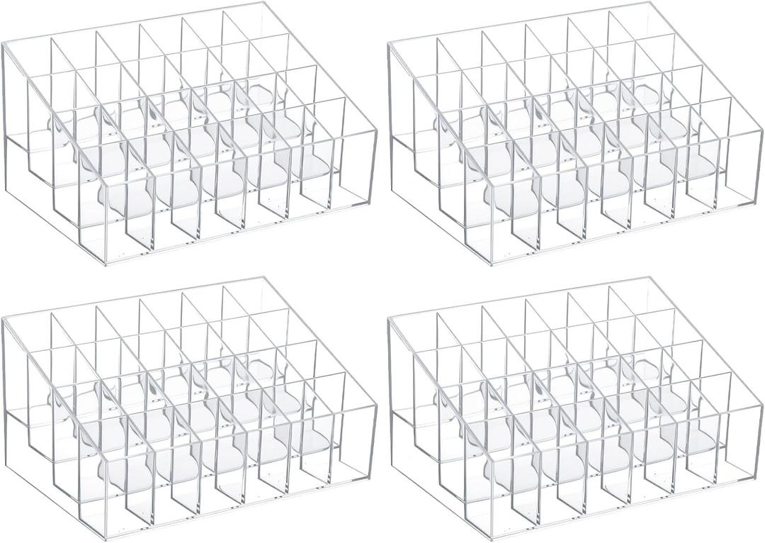 4 Pack Acrylic Lipstick Holder Organizer, 24 Slot Clear Lip Gloss Holder, Lipstick Display Stand for Lipsticks, Lip Balms, Makeup Brushes & Nail