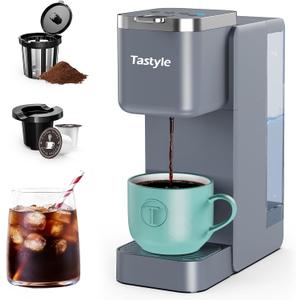 Tastyle Single Serve Coffee Maker, Iced and Hot Coffee Machine for K Cup & Grounds, Compact Design, 40oz Removable Water Reservoir, 6 to 24 Oz Brew Sizes, Fits 7.3" Travel Mug, Gray
