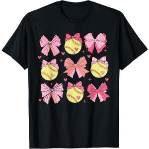 Softball Coquette Bow Softball Mom Mothers Day Softball Mama T-Shirt (Black, M)
