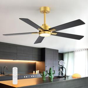 Ceiling Fans with LED Lights, 52 Inch 5-Blade Ceiling Fan Remote Control, Industrial Ceiling Fan with Reversible DC Motor, Downrod Mount LED Ceiling Light Chandelier for Bedroom (Gold & Black)
