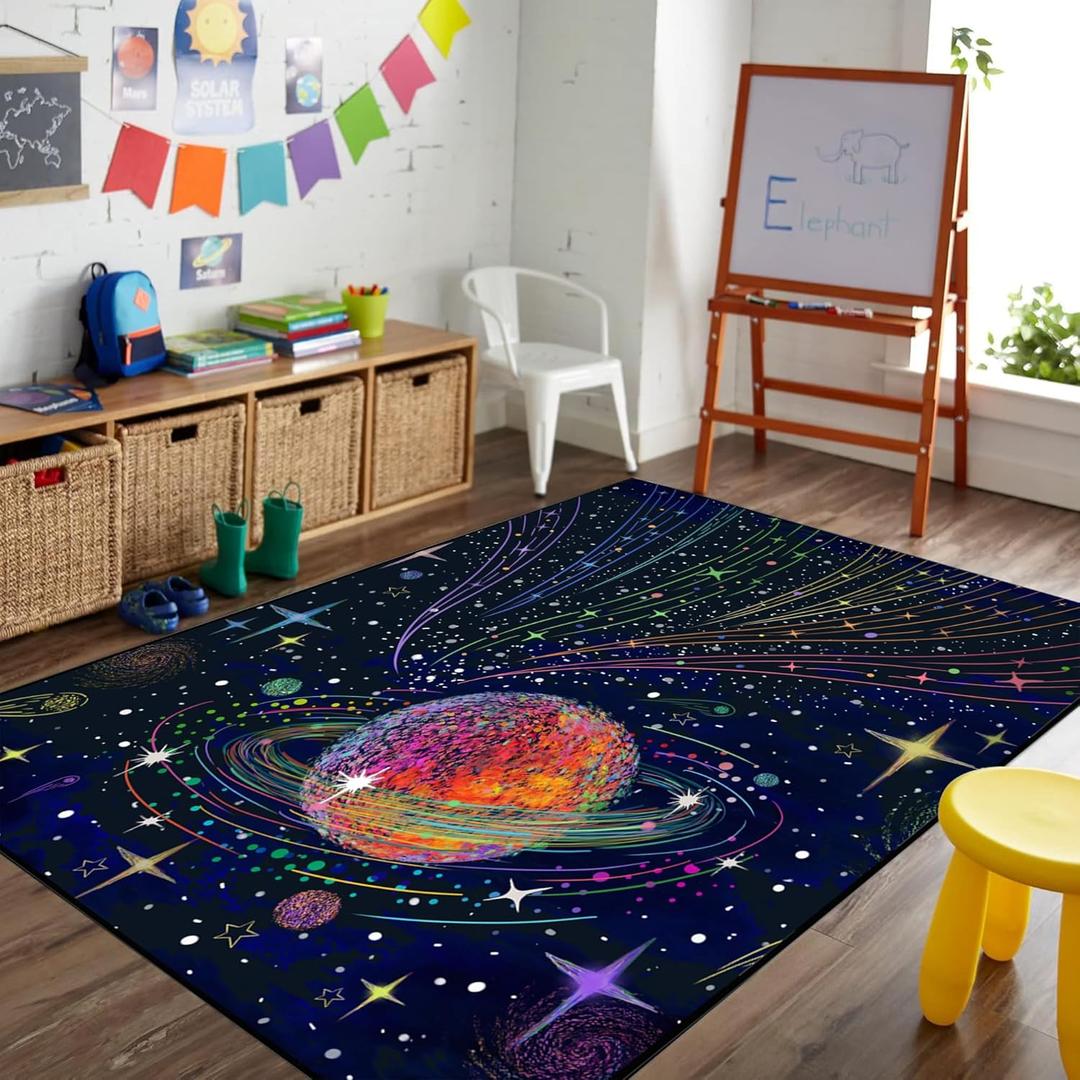 Planets Rug for Kids Bedroom: 47" X 31" Dark Blue Outer Space Area Rug Galaxy Universe Star Solar System Theme Carpets Doormat for Boys Girls Teens Playroom Living Room Classroom (2'6" x 3'10")