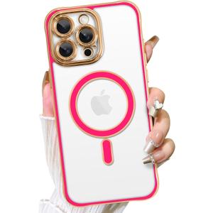 Fiyart Designed for iPhone 16 Pro Case,Compatible with MagSafe Plating Removable Lens Cover Clear Magnetic Shockproof Phone Bumper for Women Girls 6.3"-Hot Pink