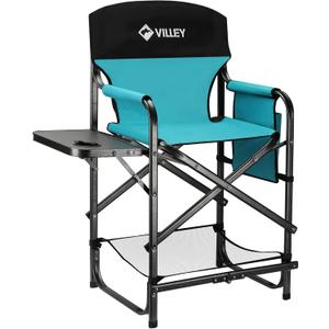 VILLEY Tall Directors Chair, Folding Camping Chairs, Makeup Artist Chair with Foot Rest, 900D Fabric for Tailgating Camp Lawn Picnic Fishing Beach, Supports 350 LBS, Blue