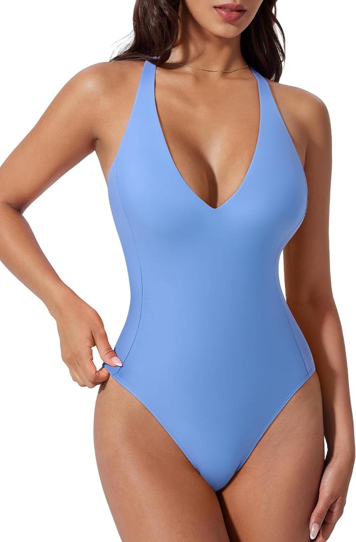 SUUKSESS Women Sexy Low Back One Piece Swimsuit Slimming Tummy Control Bathing Suit, S