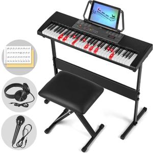 MUSTAR 61 Key Piano Keyboard, Electric Piano Keyboard with Lighted Up Keys, Learning Keyboards Piano for Beginners, Piano Stand, LCD Screen, Headphones, Microphone (Black with Stool)
