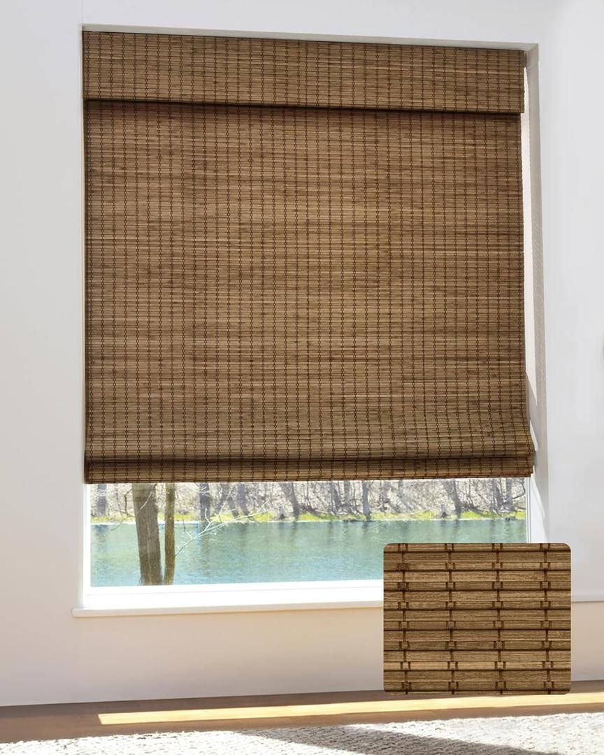 Cordless Bamboo Roman Shades for Windows, Blinds Size (29.5" W 64" H) Colour (Highfield Teak)