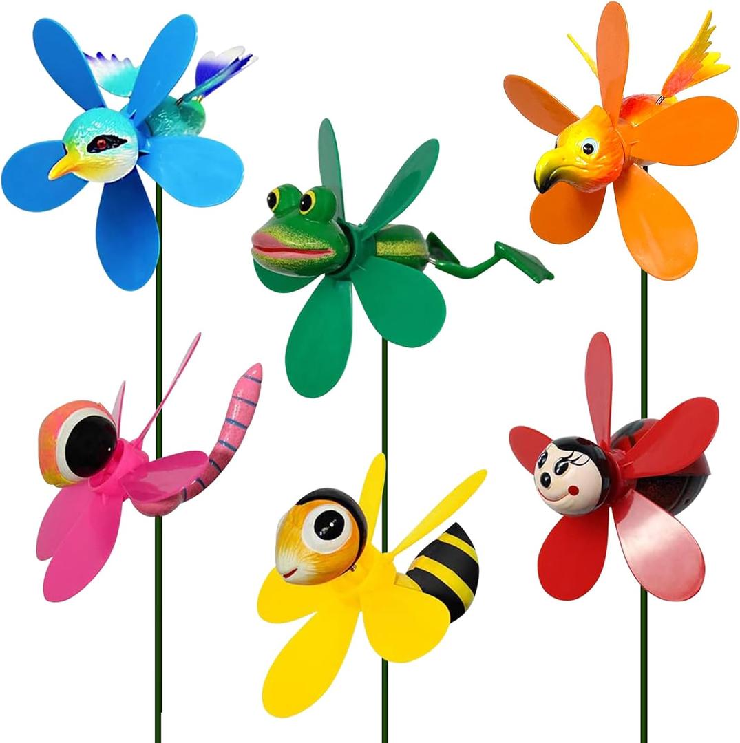 6 Pack Garden Decor Pinwheels Wind Spinners with Metal Stakes Colorful 3D Insect Whirligigs Windmill Outdoor Pinwheel for Yard Garden Lawn Decorations