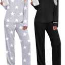 Ekouaer 2 Pack Women's Pajama Set Long Sleeve Sleepwear Loungewear V Neck Pjs Sets with Pockets S-XXL (Large, Black/Light Gray Star)