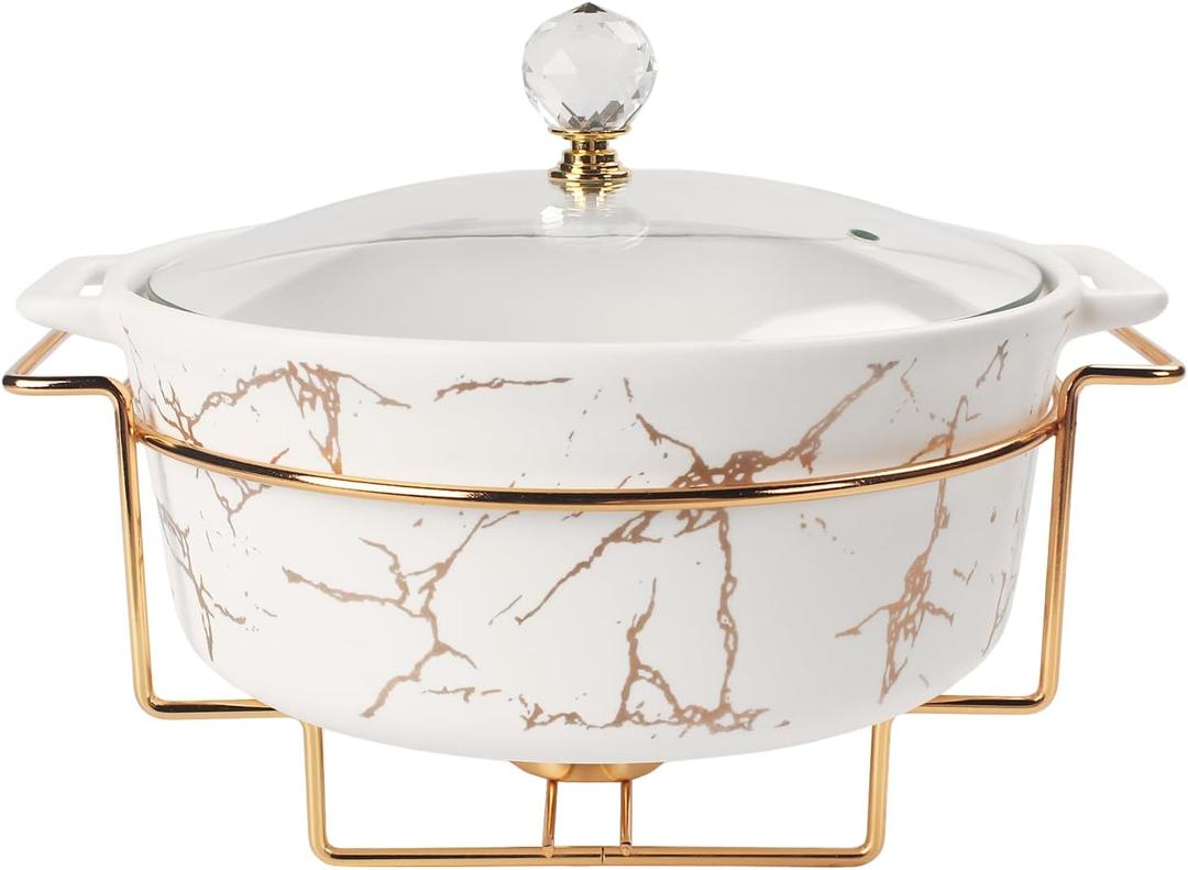 Ceramic Casserole Dish with Glass Lid and rack, 2.6 Quart Serving Soup Tureen,Chafing Dish for Buffet, Family Food preserve Tray, Catering Casserole for Party Style,11.2 Inch (Round)
