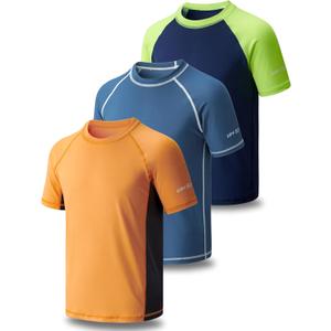 Liberty Pro 3 Pack Boys' UPF 50+ Rash Guard Short Sleeve Swim Shirts, Quick Dry UV Protection Swimwear for Kids (Medium, Navy/Orange/Dusty Blue)