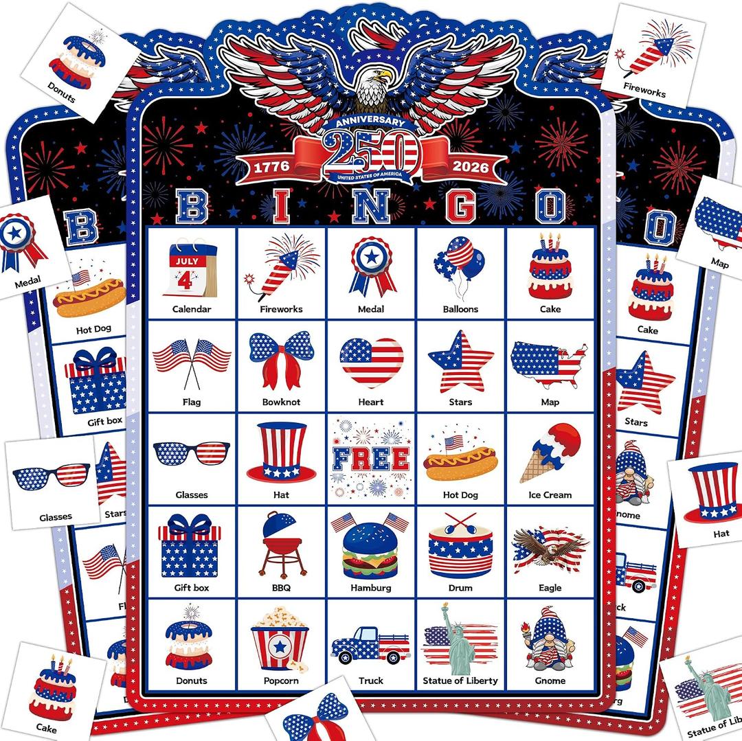 5 x Joy Bang 250 Anniversary USA Bingo Card Games for Kids Adults, Celebrate America 250 Years Game Merchandise 4th of July Bingo Game Patriotic Crafts Activities Party Favors Supplies, 7.6 x 6.0 inches