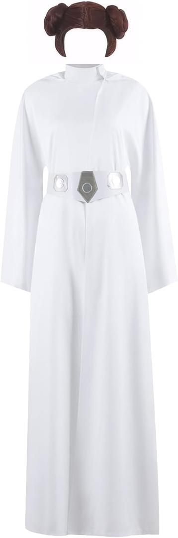Women Princess Costume White Hooded Long Dress Robe with Belt Halloween Cosplay Party Outfit (White, XL)