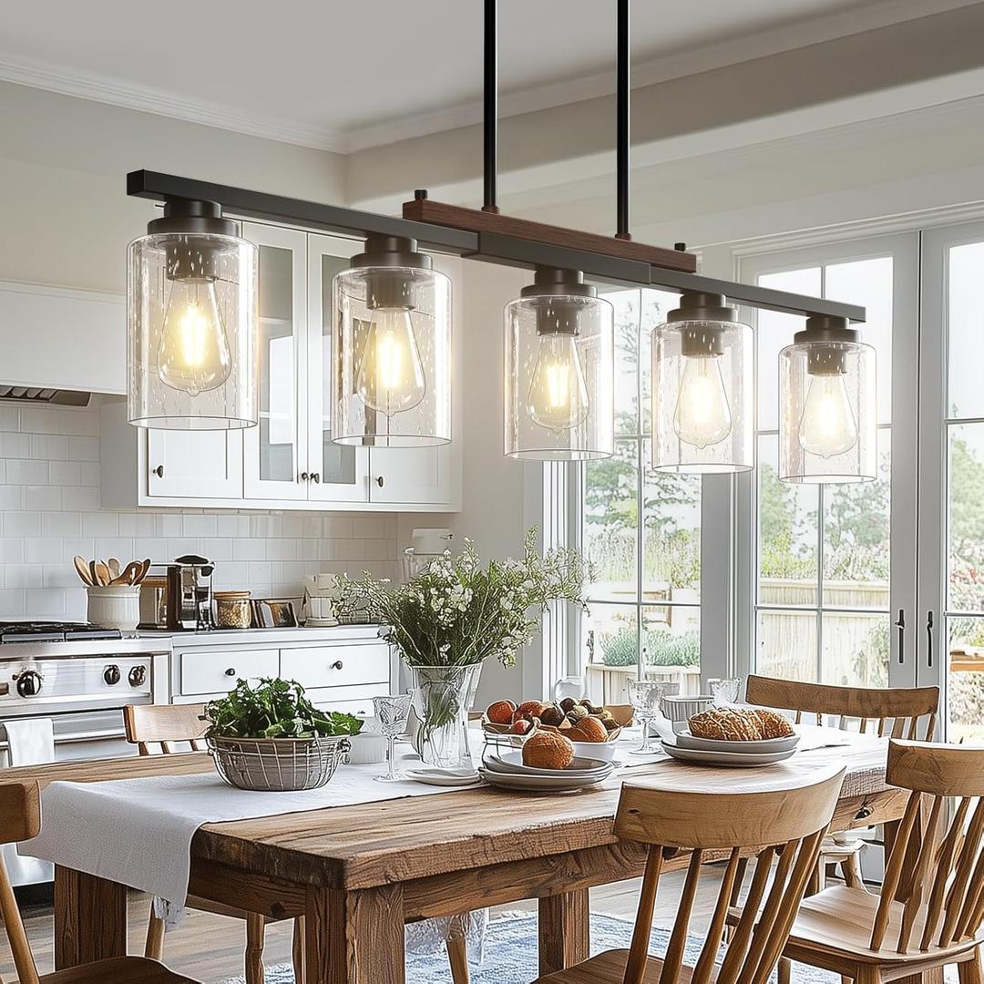 Amico Dining Room Light Fixture 5-Light Kitchen Island Lighting with Adjustable Rods, Farmhouse Decor Black Metal & Wood Chandelier with Seeded Glass Shade, Island Lights for Kitchen