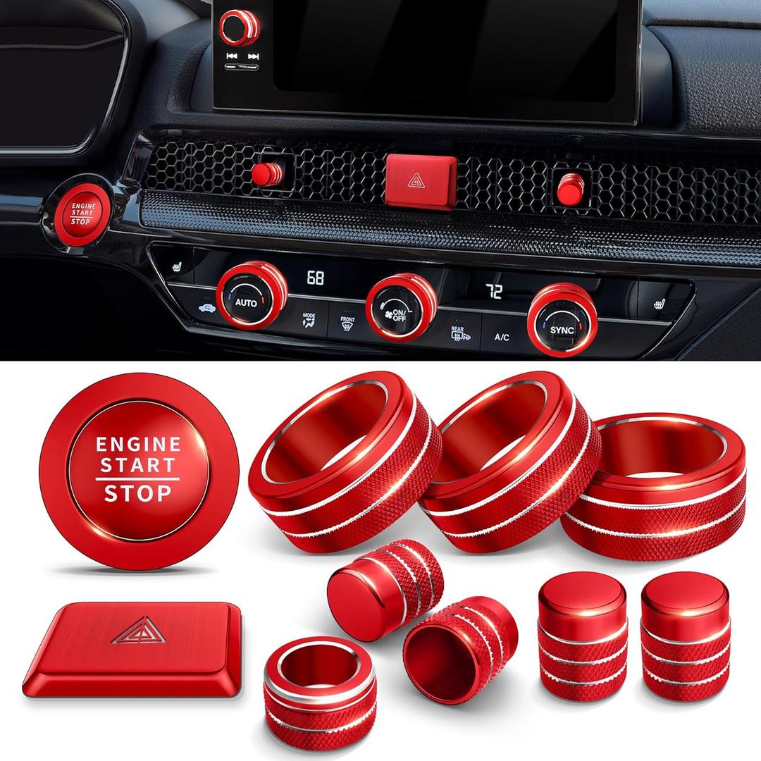 Polodunn for Honda Civic 2022-2026 Accessories, CRV 2023-2026 & Acura Ingetra 2023-2025 (Fit 9" Screen/ 1 Audio Knob), 11pcs Knob Cover Kit - Hazard Light, Push Start, Audio, AC & Air Vent (Red)