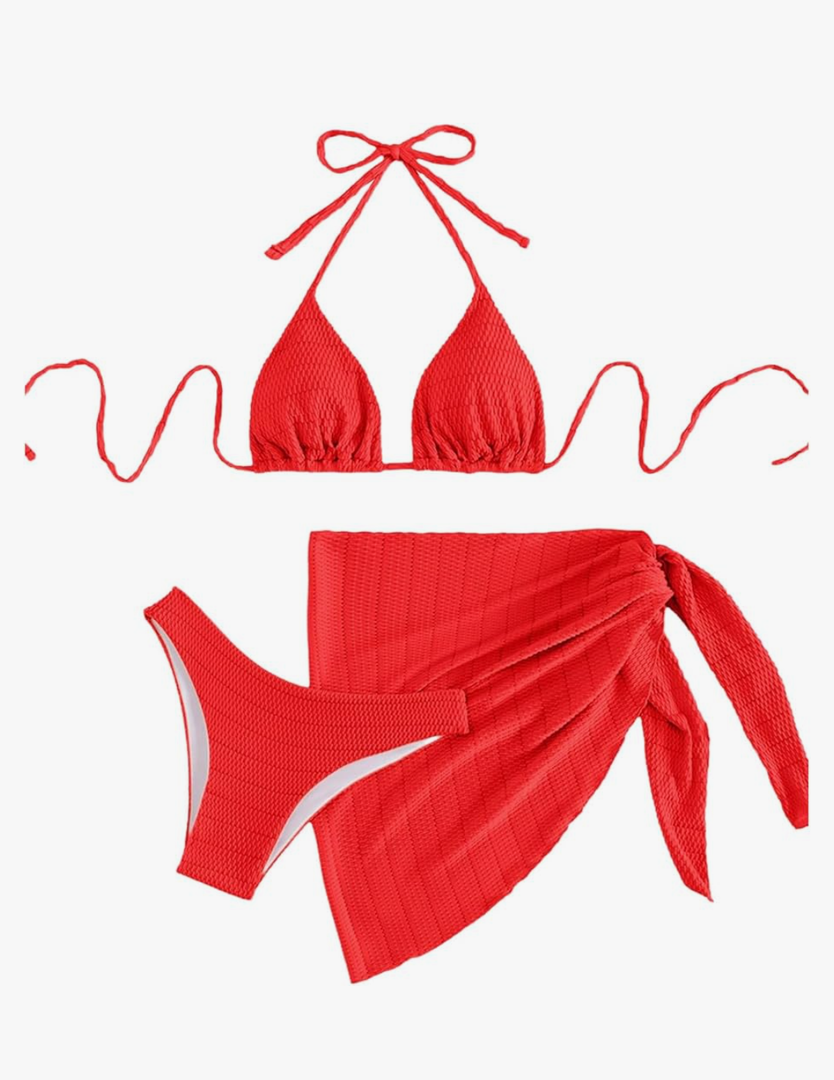 SHENHE Women's 3 Piece Textured High Cut Halter Triangle Bikini Swimsuit with Cover Up, Size XS