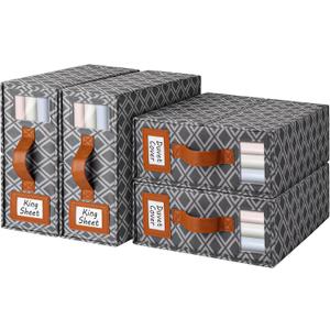 4 Pack Bed Sheet Organizers and Storage, (King & Queen Size) Sheet Organizer for Linen Closet, Foldable Bedding Storage Box with Window for Bedsheets, Duvet Cover and Pillowcase (Dark Grey 4 Pack)