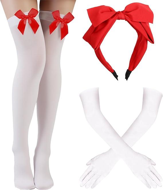 Preboun Princess Costume Accessories for Women, Red Bow Headband Long Gloves Thigh High Socks Kit for Christmas Cosplay Party