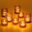 Hewory Glass Tealight Candle Holder: 8 Pcs Amber Votive Candle Holders Tea Lights Candle Holder, Ribbed Tea Light Holders Fall Decorations for Thanksgiving Table Centerpiece Wedding Party Home Decor