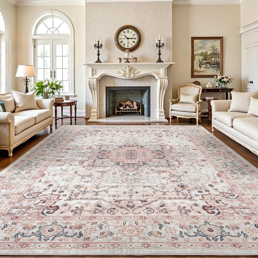 Lofus 8x10 Area Rugs for Living Room, Washable Area Rug, Rugs for Bedroom, Kitchen, Vintage Boho Carpet, Soft Non-Slip, Low Pile Large Area Rug for Office Dining Room, Pink