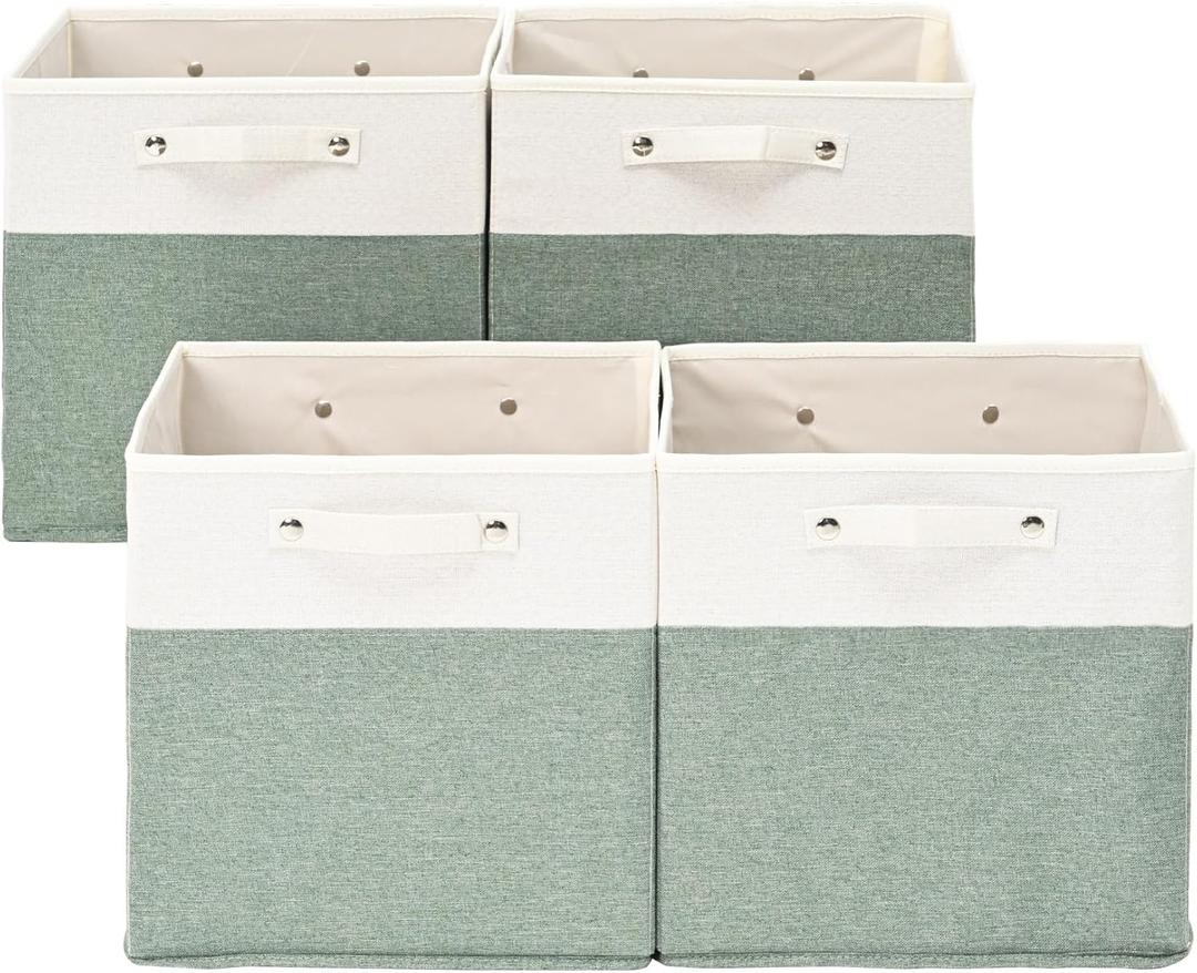13 x 13 Inch Fine Linen Storage Bins with HandlesFabric Cube BoxsBasket Organizers for Shelves for Home, Closet Drawers (White/Green-4 Pack )