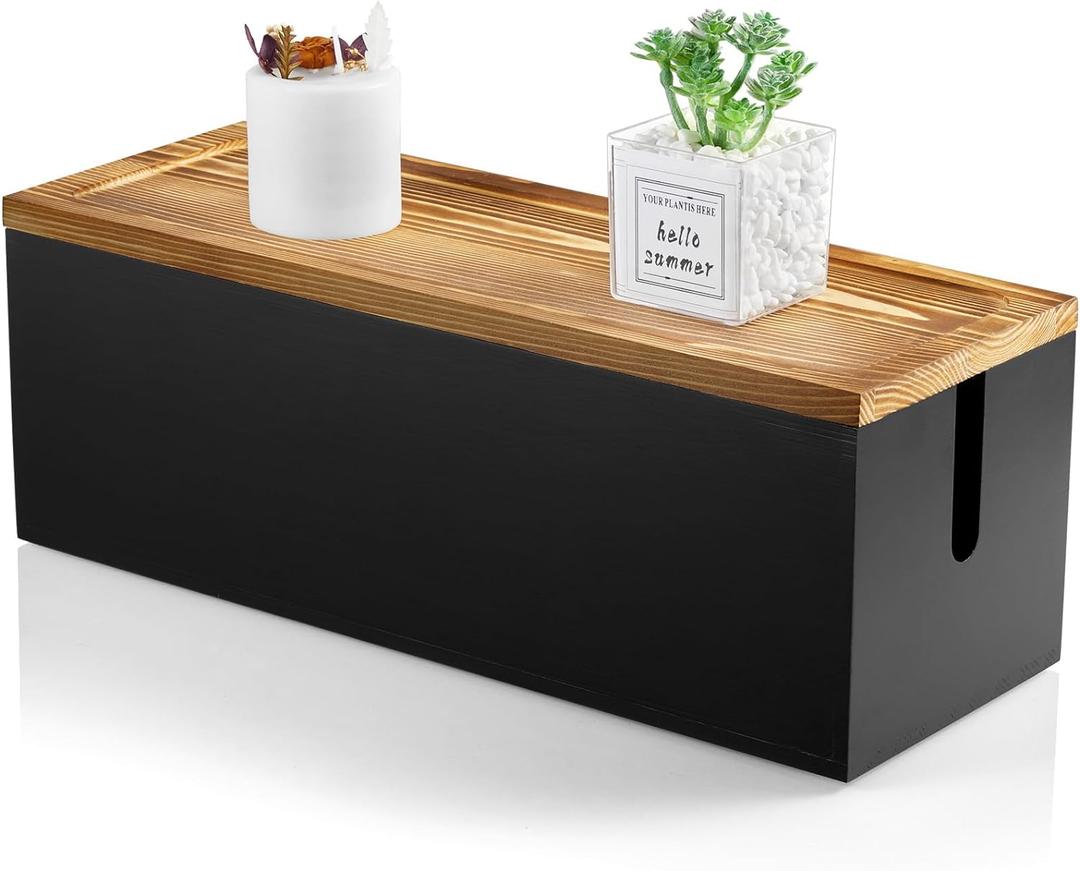 Large Cable Management Box, Wooden Cord Organizer Box for Desk, Floor, Office to Hide Extension Cords Power Stripes Surge Protectors Chargers Wires, Black