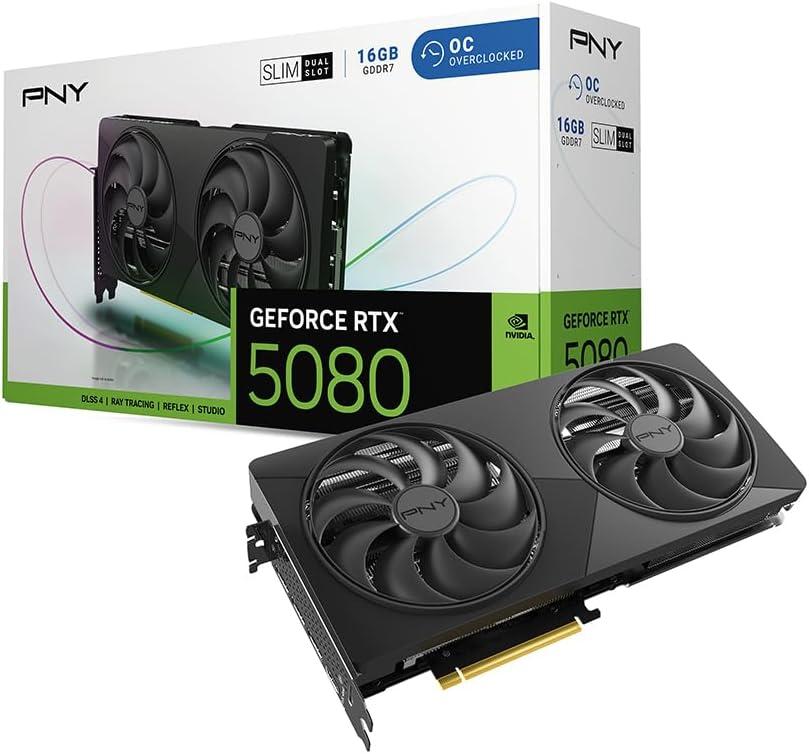 PNY NVIDIA GeForce RTX 5080 Slim Dual-Fan, Dual-Slot OC Graphics Card (16GB GDDR7, SFF-Ready, 256-bit, Boost Speed: 2730 MHz, PCIe 5.0, HDMI/DP 2.1, NVIDIA Blackwell Architecture, DLSS 4.5)