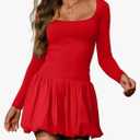 HYPERFIRE Women's Elegant Long Sleeve Scoop Neck Puff Bubble Mini Cocktail Dress Party Club, Red, XL