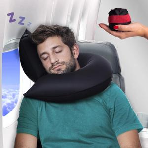 Inflatable Travel Pillows for Airplanes, Cars & Home. New J-Design. Neck & Chin Support. Firmness Adjustable. Inflatable Neck Pillow for Traveling on Plane. Blow Up Neck Pillows for Air Travel (Black With Red Band)