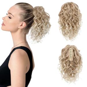 Flufymooz Ponytail Extension, 12" Short Claw Ponytail Extension Wavy Curly Jaw Clip in Pony tails Hair Extension Natural Synthetic Hairpiece for Women(Dark Blonde to Light Blonde)