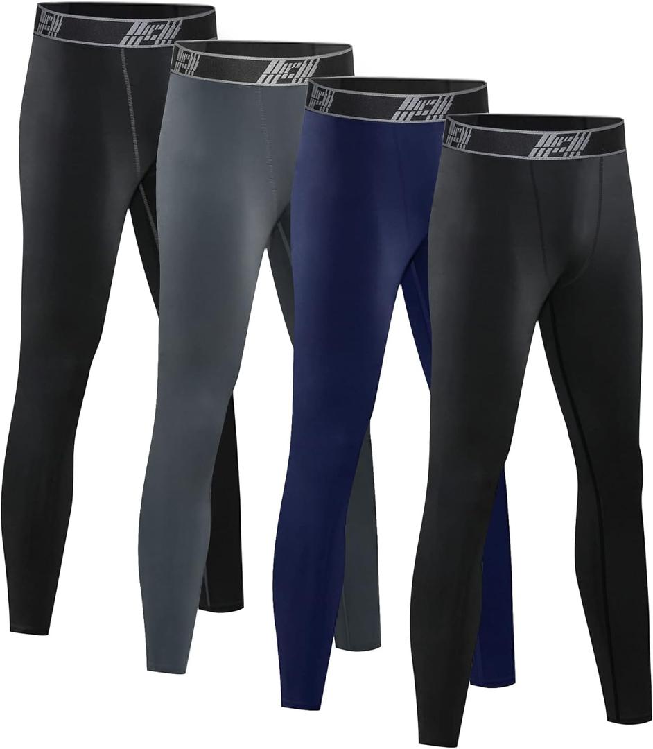 HOPLYNN 4 Pack Youth Boys Compression Pants Leggings Tights Athletic Base Layer Under Pants Gear for Football Sports (X-Large, 2 Black, 1 Blue, 1 Grey)