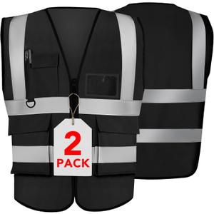 XPCARE 2-Pack Reflective Safety Vests with Pockets,Hi Viz Zipper Front Safety Vest,High Visibility Reflective Strips Working Vest-Black(XX-Large)