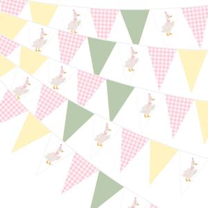 Pasimy 5 Pcs Silly Goose Birthday Party Decorations Pink Green Yellow Gingham Print Pennant Banners Funny Geese Triangle Bunting Banners for Farm Animal Baby Shower First Birthday Party Decoration