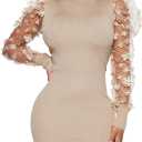 Annystore Women's Mock Neck Sheer Sleeve Ribbed Bodycon Midi Dress (Beige, XL)